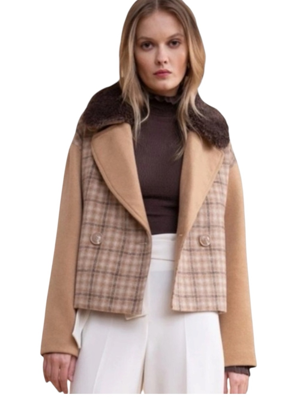 Rachel Parcell Tan & Plaid Double-Breasted Coat with Brown Faux Fur Collar Small